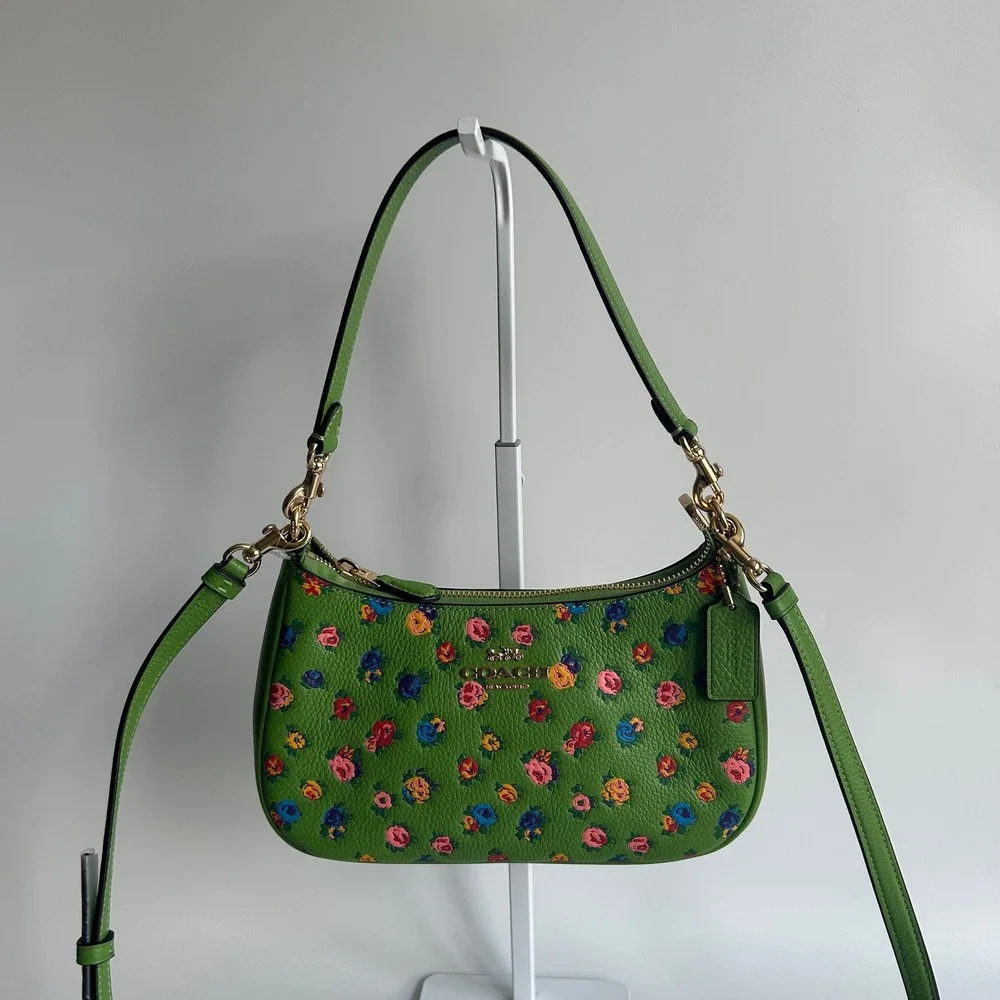 Coach Teri Shoulder Bag Vintage Rose Print Green Leather Bag CA616